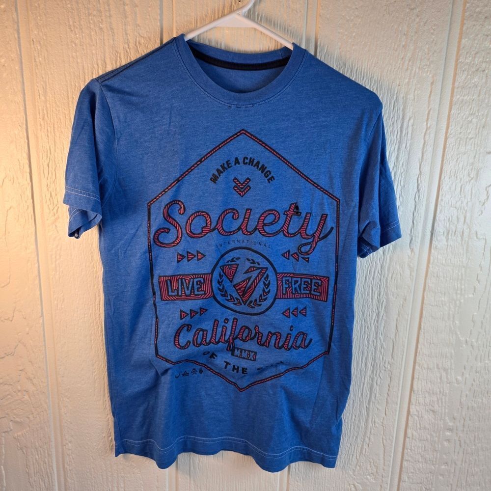 Men's Society Blue Tee with Red Graphic - Live Free Design, Size Small